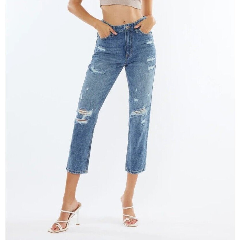 KanCan Womens Bobbie Ultra High Rise Straight‎ Jeans 7/27 Distressed Blue Denim